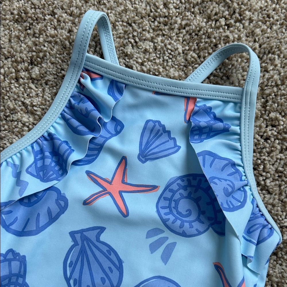 Carters Blue Seashell Ruffle One Piece Swimsuit, 12 Months - Picture 3 of 6